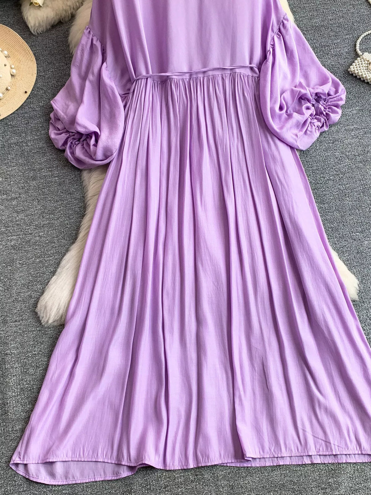 Balloon Sleeve Tie-Waist Dress