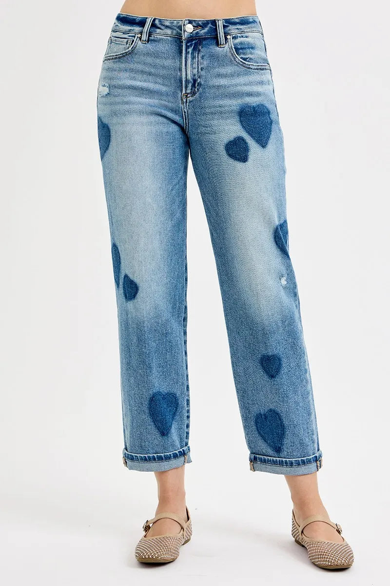 RISEN Full Size Mid Rise Fit-boyfriend Heart Shade Jeans Plus Size - Ladyez