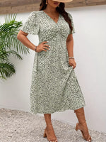 Plus Size Printed V-Neck Short Sleeve Midi Dress