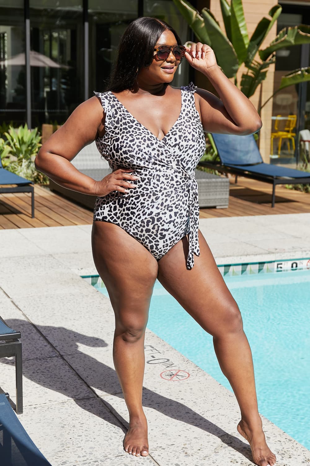 Marina West Swim Full Size Float On Ruffle Faux Wrap One-Piece in Cat - Ladyez