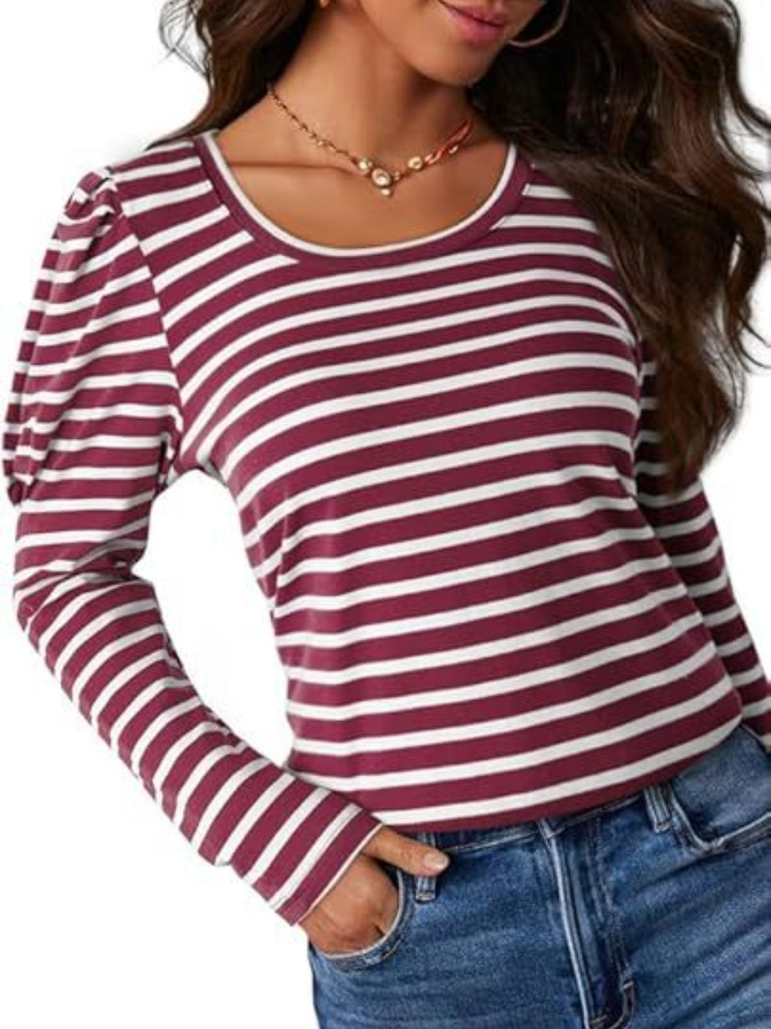Striped Round Neck Long Sleeve T-Shirt - Ladyez
