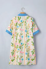 Multicolour Floral Print Striped Trim Button Down Shift Dress