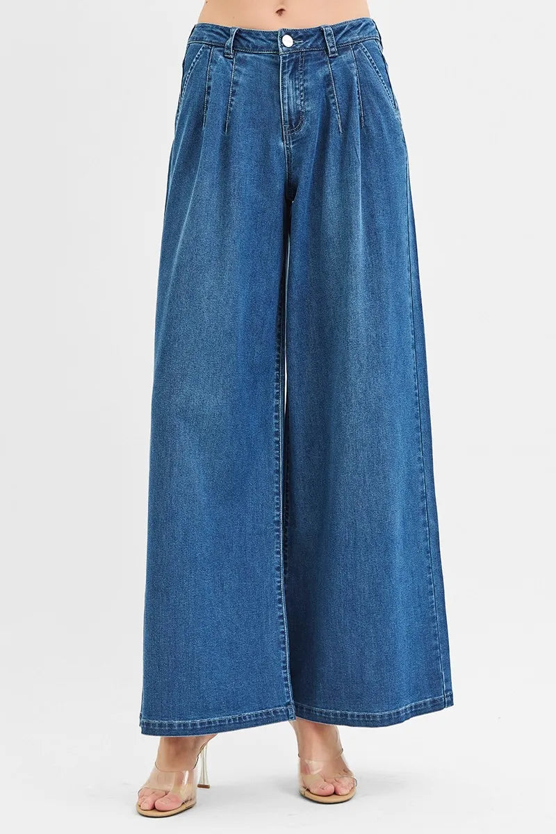 RISEN Mid Rise Fit Wide Leg Knit Denim Look Jeans - Ladyez