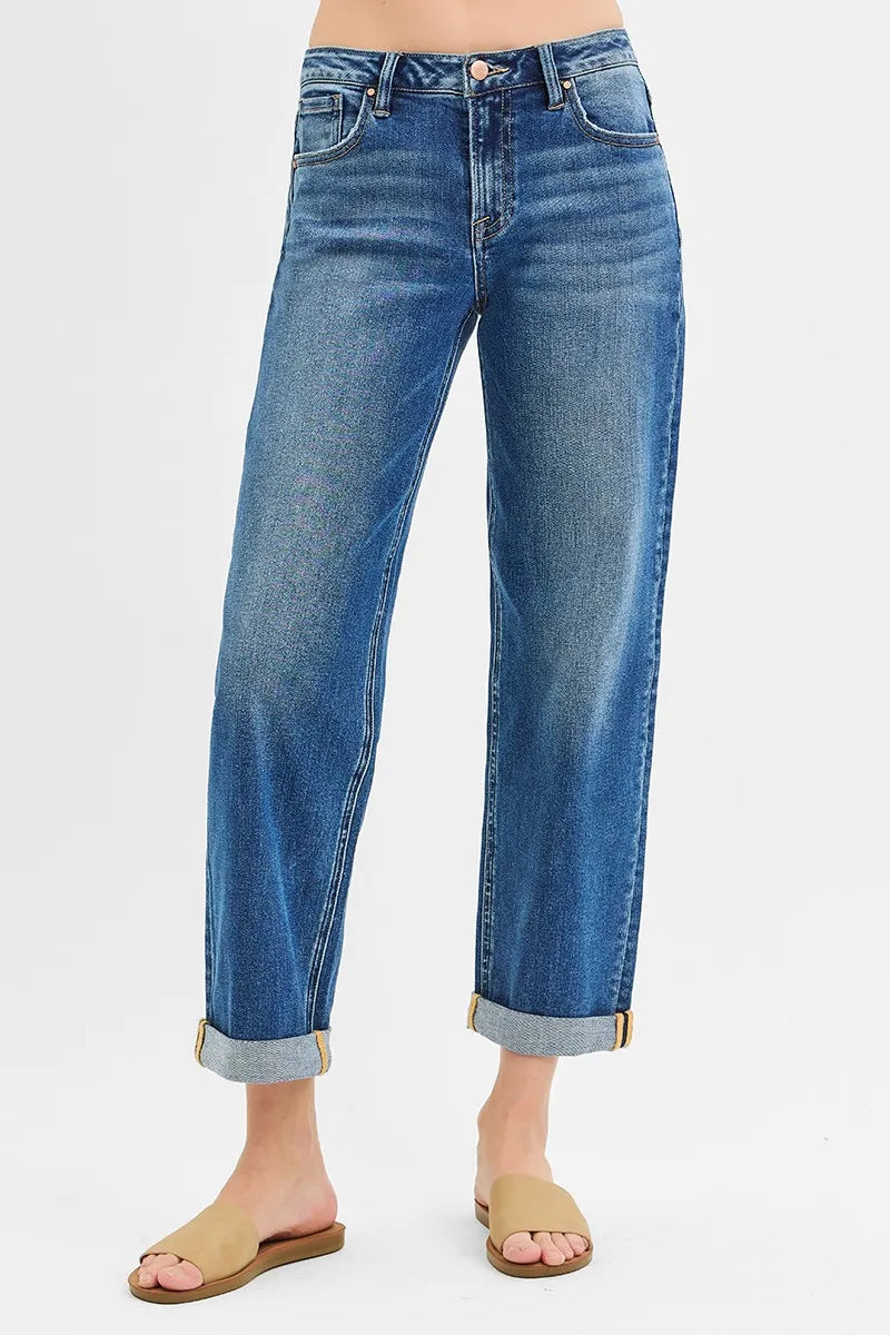 RISEN Full Size Mid Rise Boyfriend Roll Up Jeans Plus Size - Ladyez