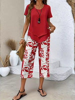 Layered Top and Leaf Print Cropped Pants Set