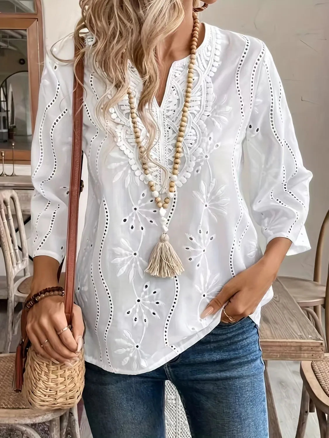 Eyelet Notched 3/4 Sleeve Blouse - Ladyez