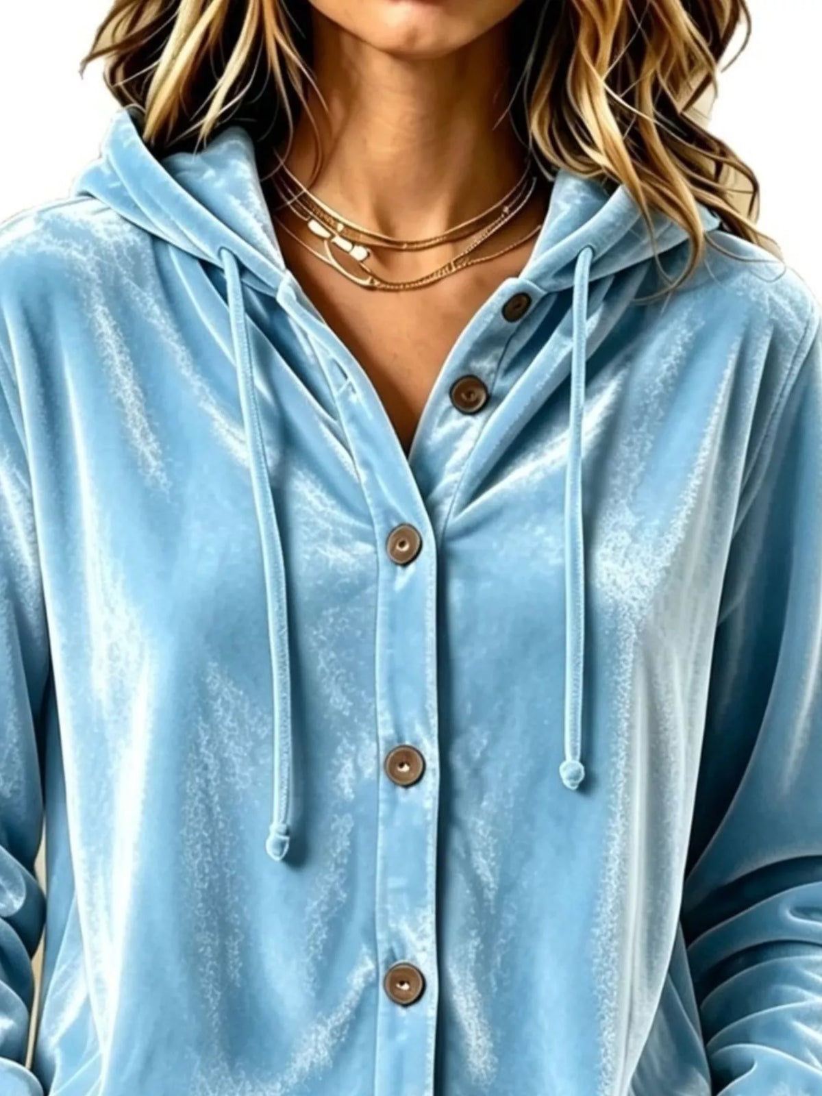 Full Size Velvet Button-Down Hooded Top Plus Size