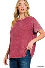 Zenana Washed Ribbed Cuffed Short Sleeve Round Neck Top
