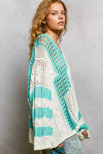 POL Color-Blocked Stripe Pattern Knit Top with Twisted Weave