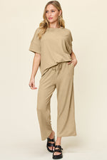 Double Take Full Size Texture Round Neck Short Sleeve T-Shirt and Wide Leg Pants - Ladyez