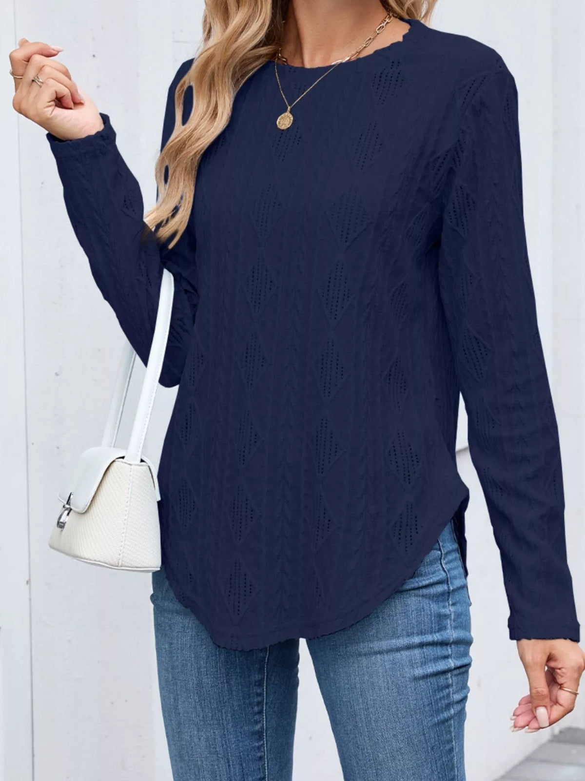 Diamond Pattern Knit Long Sleeve T-Shirt