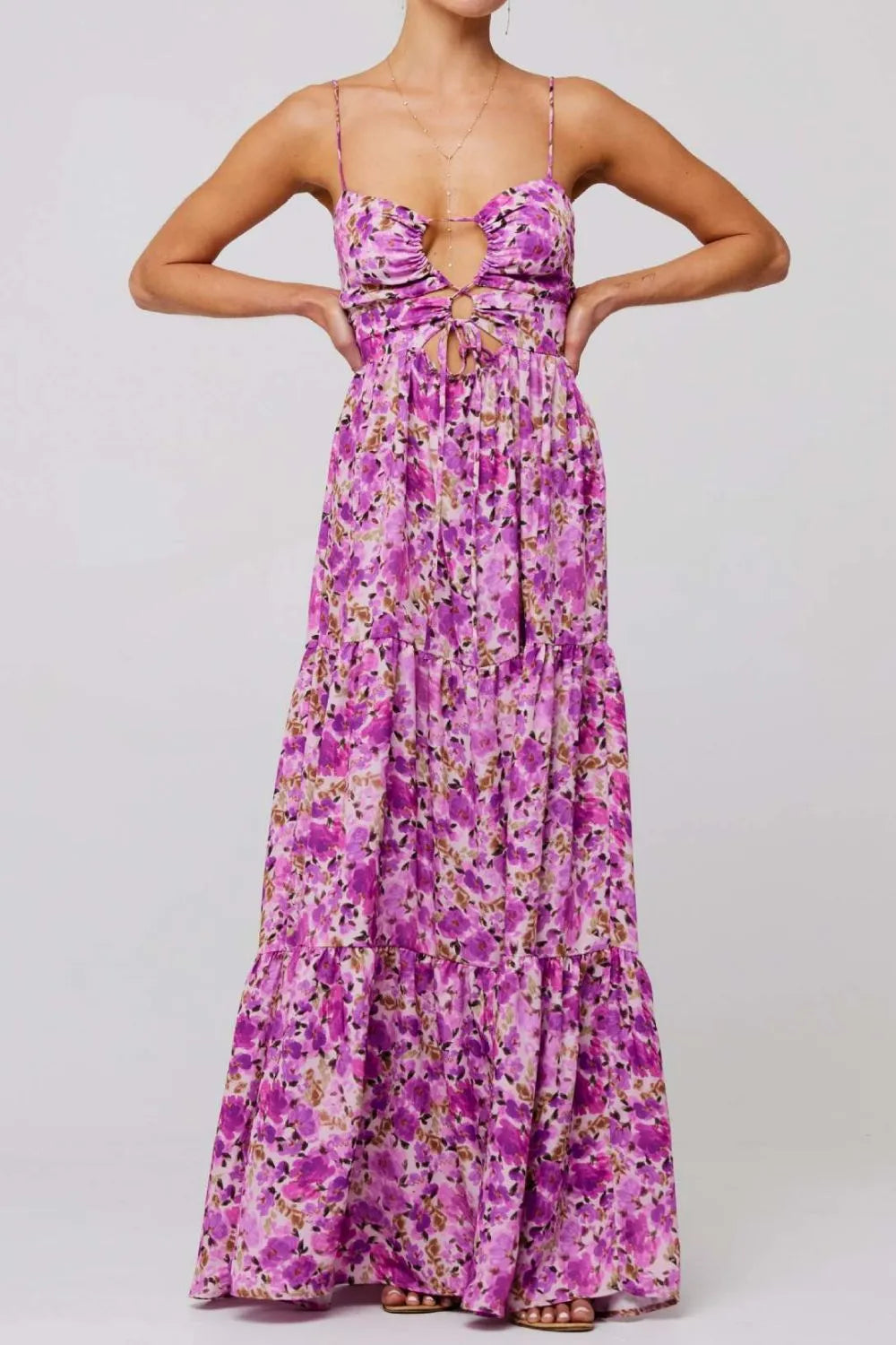 Floral Print Tie Front Tiered Maxi Dress - Ladyez