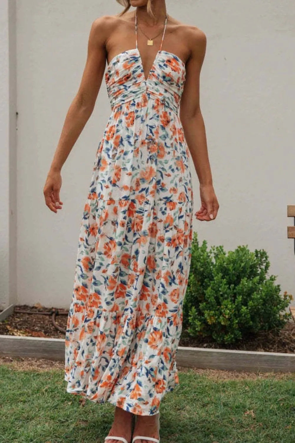 Floral Halter Neck Tiered Maxi Dress - Ladyez