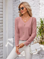 Decorative Button Openwork V-Neck T-Shirt