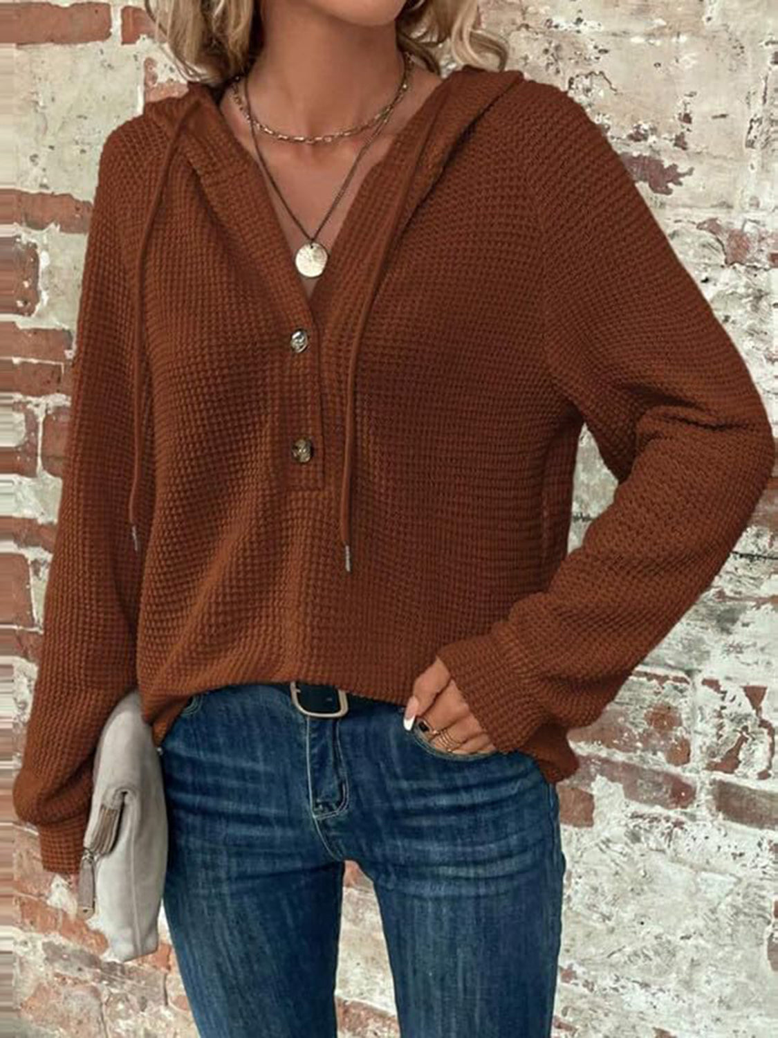 Waffle Knit Long Sleeve Drawstring Hooded Top - Ladyez