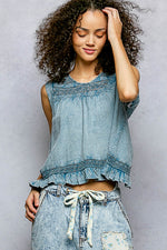 POL Button Closure on Back Ruffled Sleeveless Cotton Blouse with Trim Detail