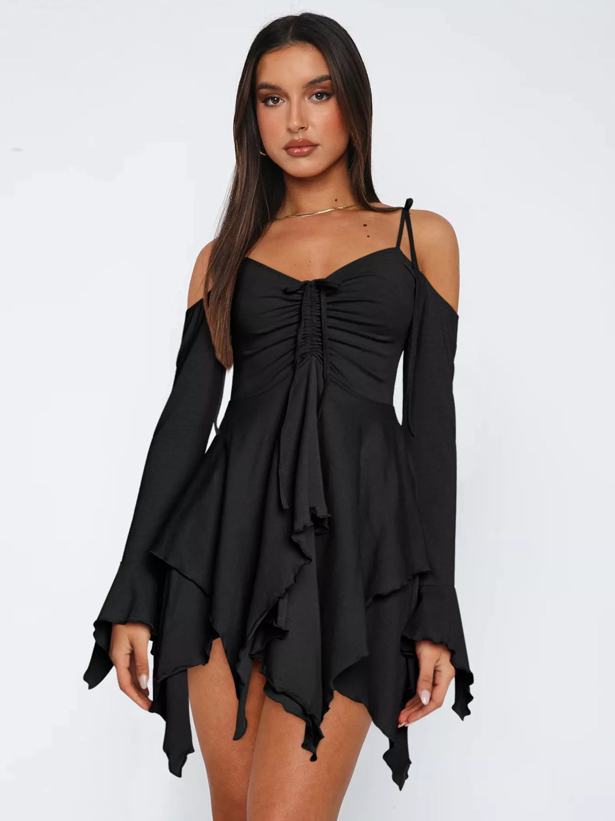 Full Size Ruffle Hem Tie Shoulder Mini Dress Plus Size