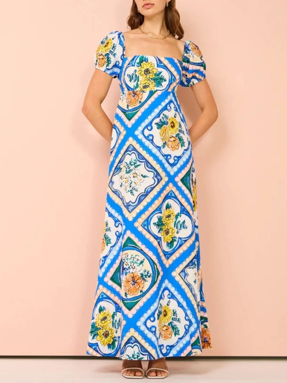Printed Square Neck Puff Sleeve Maxi Dress - Ladyez