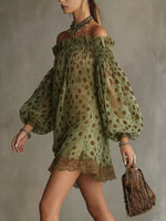 Off-Shoulder Polka Dot Sheer Mini Dress