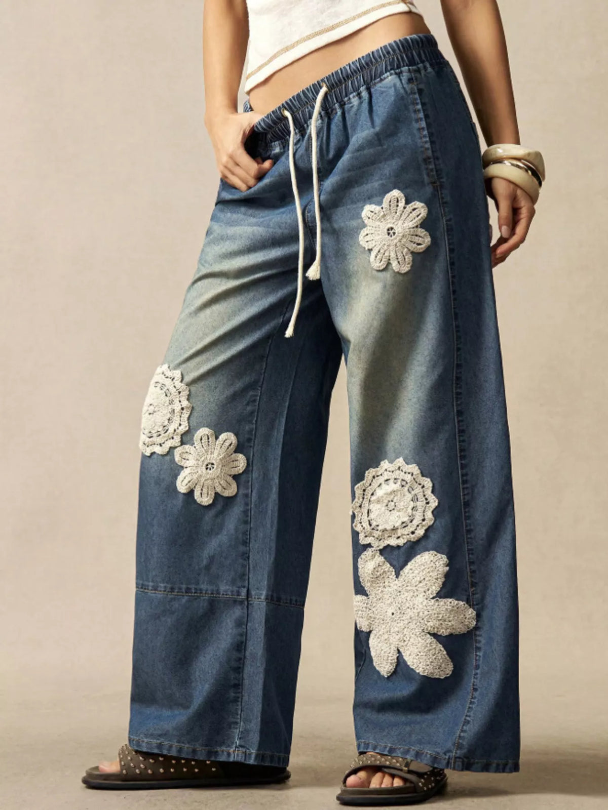 Wide-Leg Drawstring Jeans