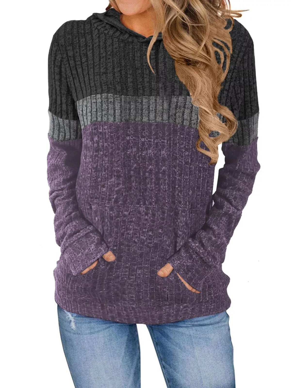 Full Size Color Block Ribbed Knit Hoodie Plus Size