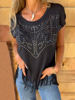 Studded Fringe Round Neck Cap Sleeve T-Shirt - Ladyez