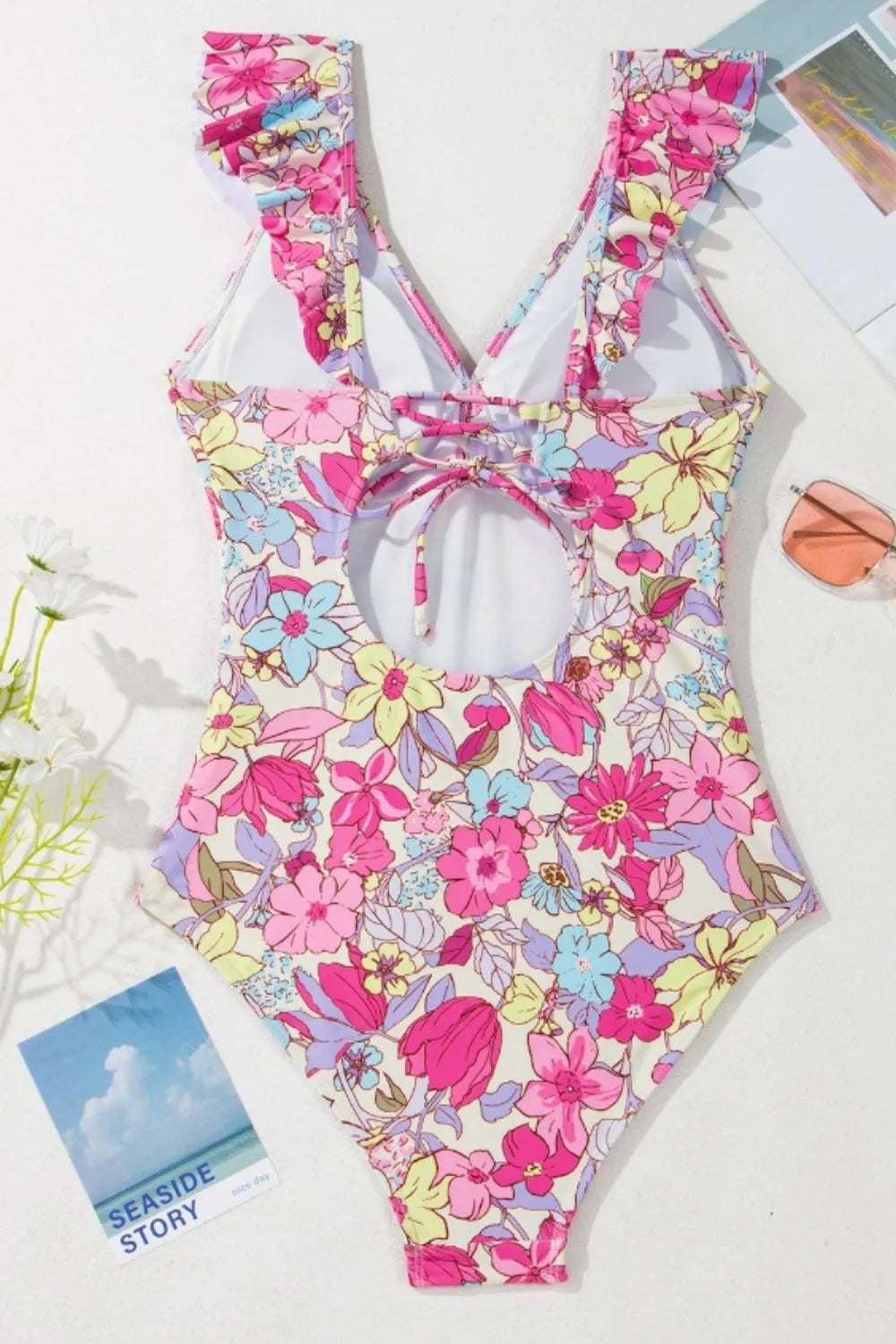 Floral Ruffle Trim Tummy Control One Piece Swimsuit - Ladyez