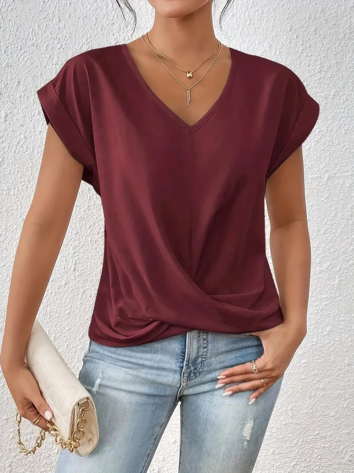 V-Neck Twist Front Top - Ladyez