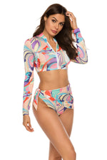 Printed Zip Up Three-Piece Swim Set - Ladyez