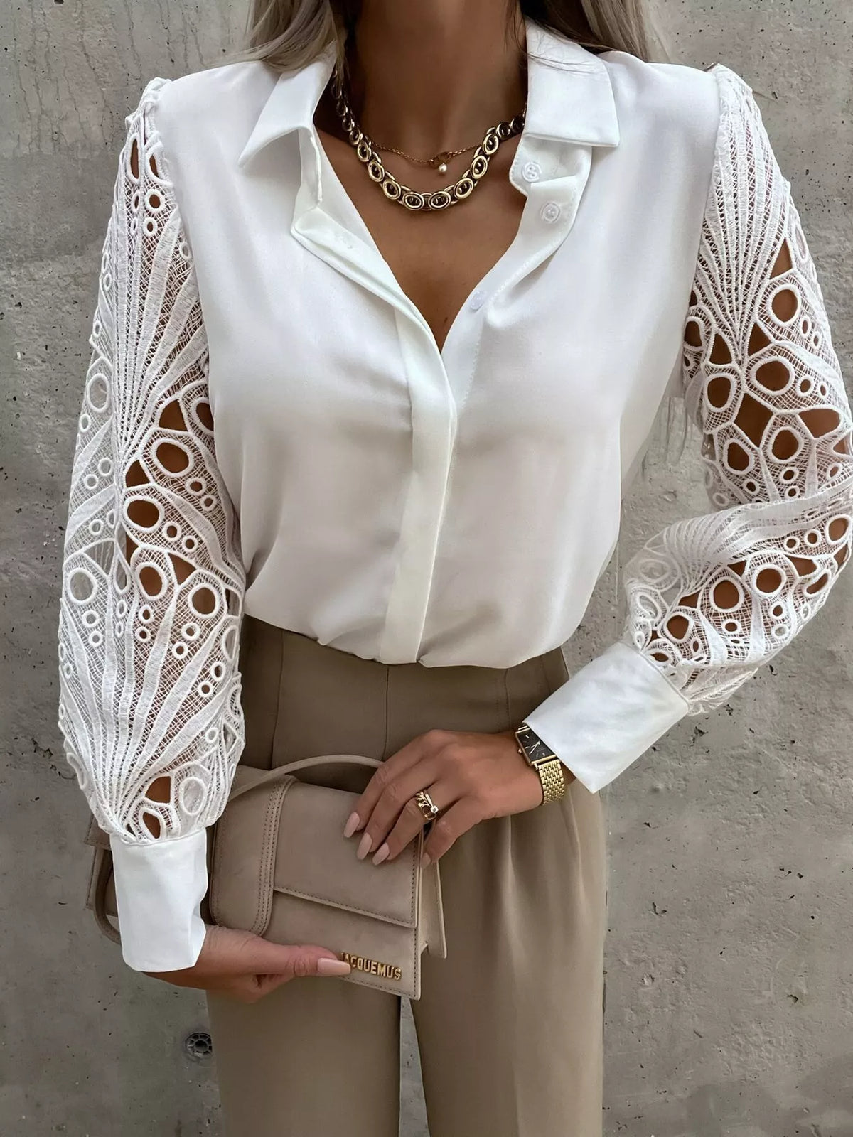 Lace Sleeve Collared Neck Blouse