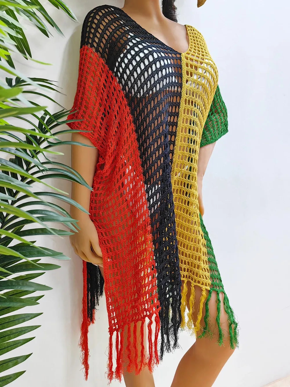 Fringe Color Block Scoop Neck Cover Up - Ladyez