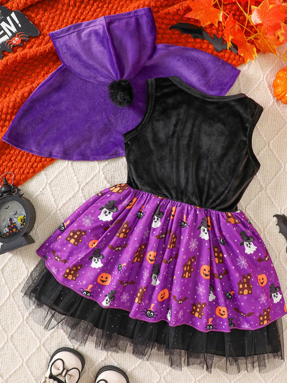 Children's Halloween Hooded Cape and Printed Dress Witch Costume Set