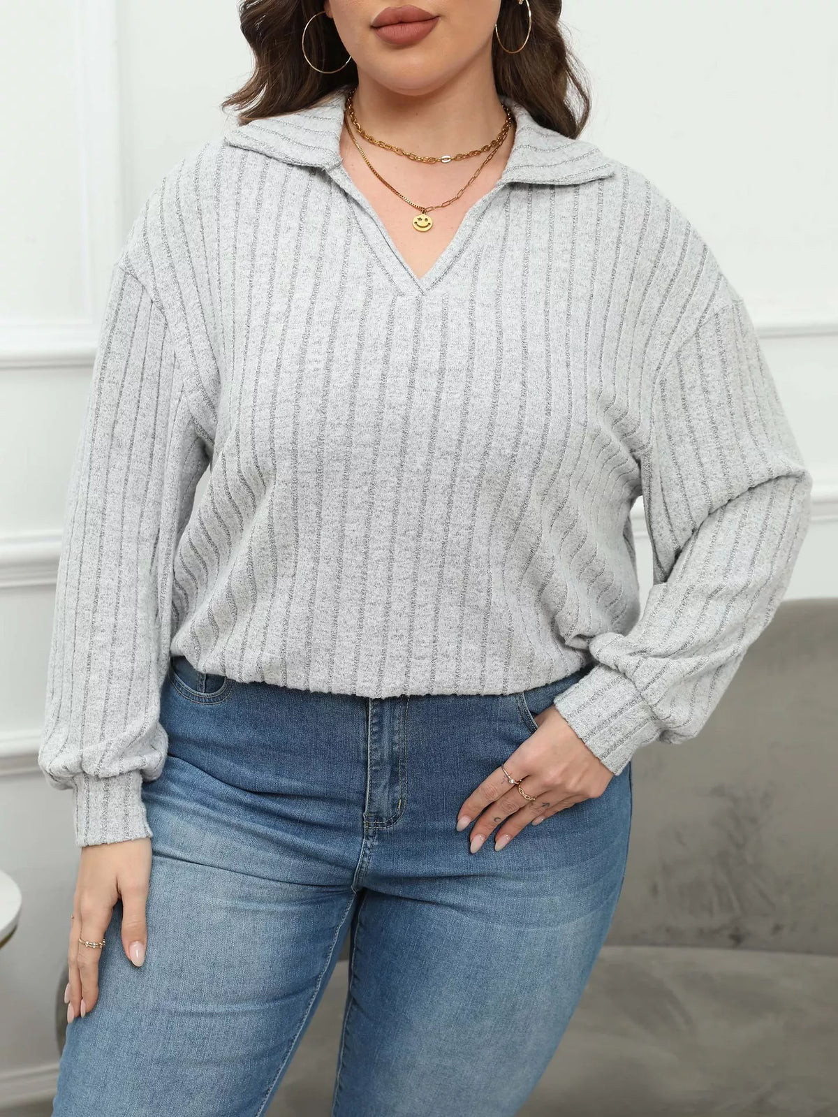 Plus Size Ribbed Knit Polo Collar T-Shirt