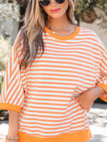 Stripe 3/4 Sleeve Exposed Seam Patchwork Pullover Top