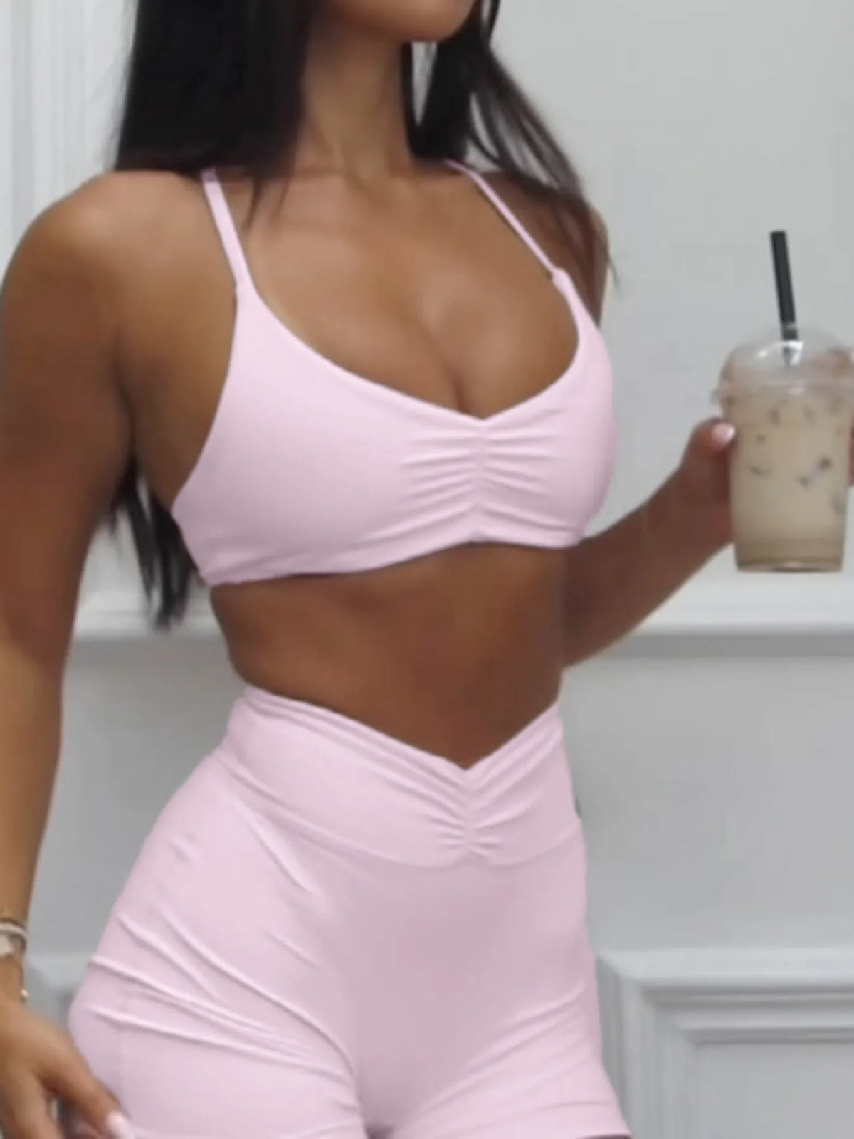 Ruched Sports Bra and High-Waisted Shorts Active Set - Ladyez
