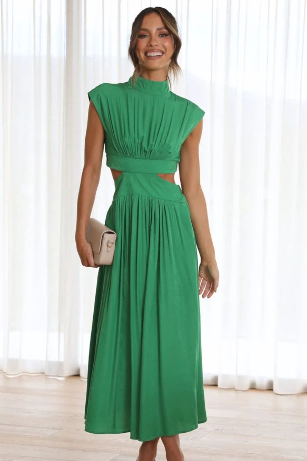 Cutout Mock Neck Sleeveless Ruched Dress - Ladyez