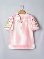 Stripe Print Floral Embroidered Puff Sleeve V Neck Blouse