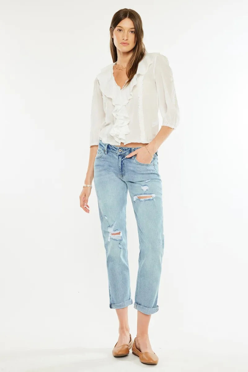 Kancan Mid Rise Distressed Boyfriend Fit Jeans - Ladyez