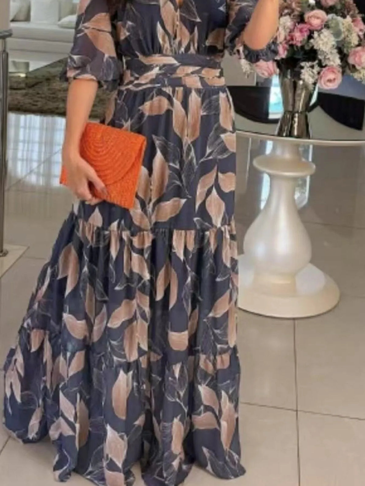 Full Size Printed V-Neck Maxi Dress with Tiered Hemline Plus Size - Ladyez