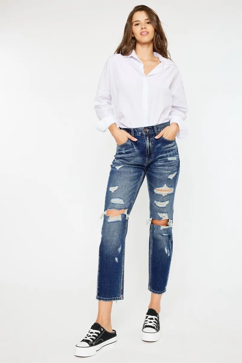 Kancan High Rise Distressed Mom Fit Jeans - Ladyez