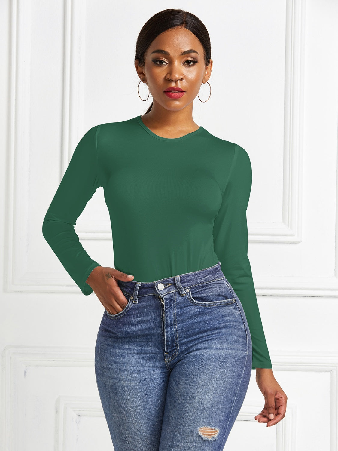 Round Neck Long Sleeve Bodysuit - Ladyez