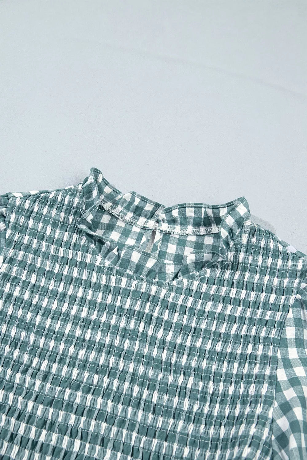 3/4 Sleeve Shirred Plaid Peplum Top