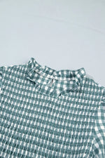 3/4 Sleeve Shirred Plaid Peplum Top