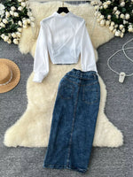 Frayed Denim Patchwork Top & Slit Maxi Skirt Denim Set