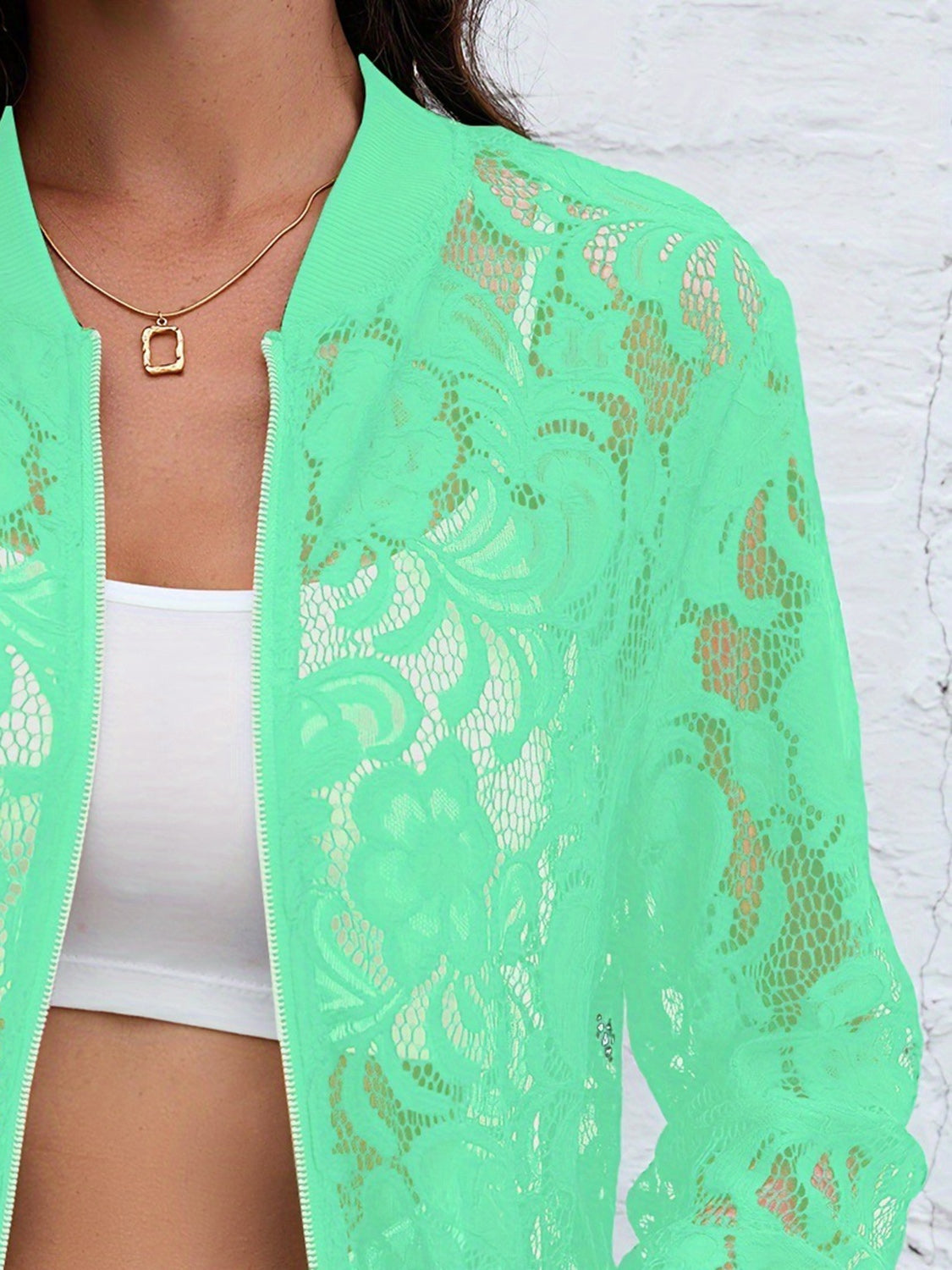 Sheer Lace Zip Up Long Sleeve Jacket - Ladyez