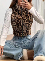 Leopard Zip Up Faux Fur Cropped Vest Coat