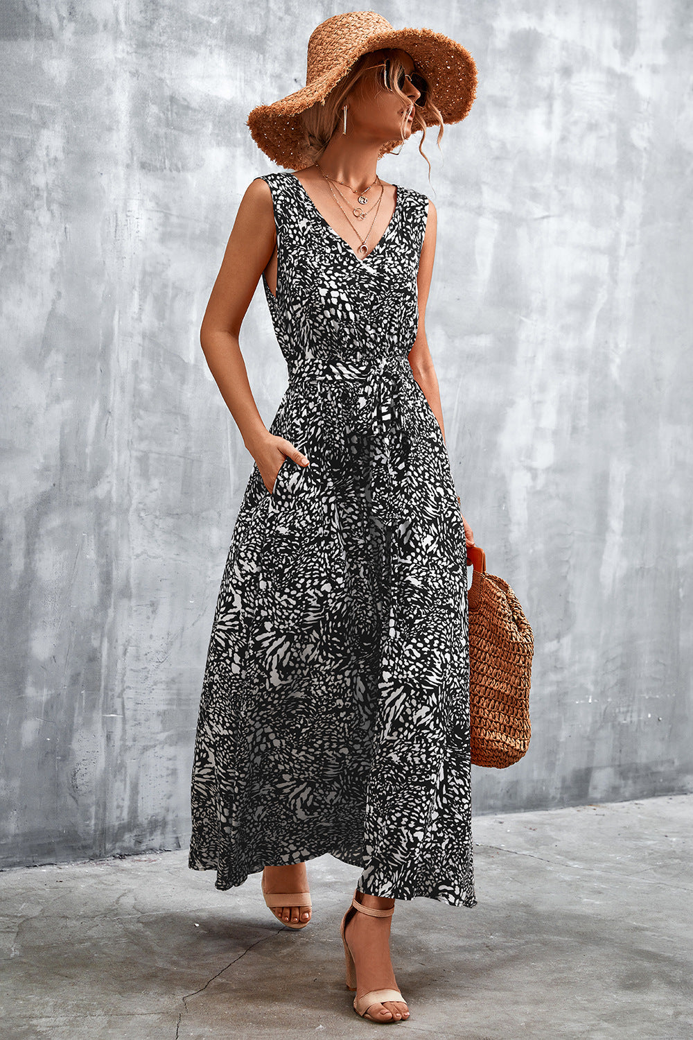 Printed V-Neck Tie Waist Maxi Dress - Ladyez