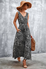 Printed V-Neck Tie Waist Maxi Dress - Ladyez