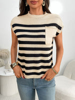 Striped Knit Pocket Detail Cap Sleeve Sweater