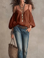 Cold Shoulder Balloon Sleeve Blouse